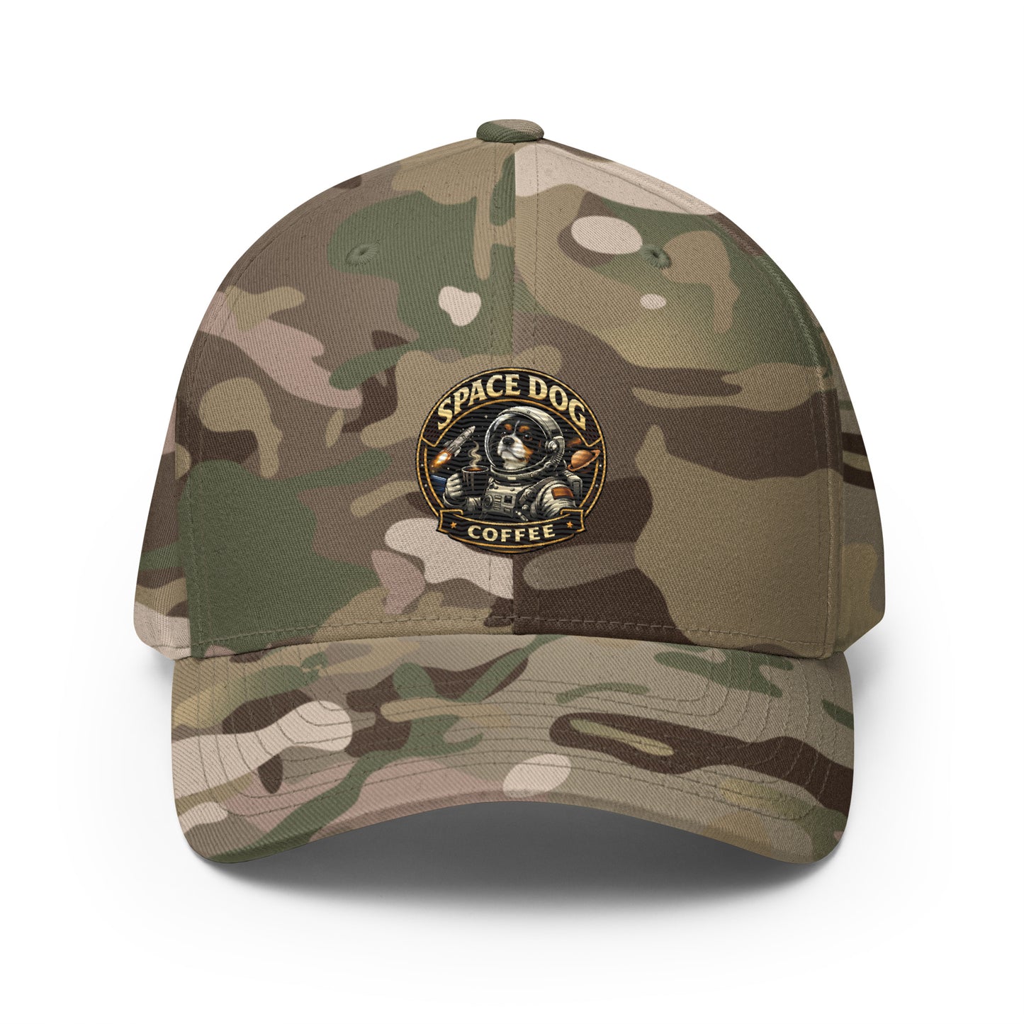 Space Dog Coffee structured twill cap stretch band polyester cotton spandex embroidered logo