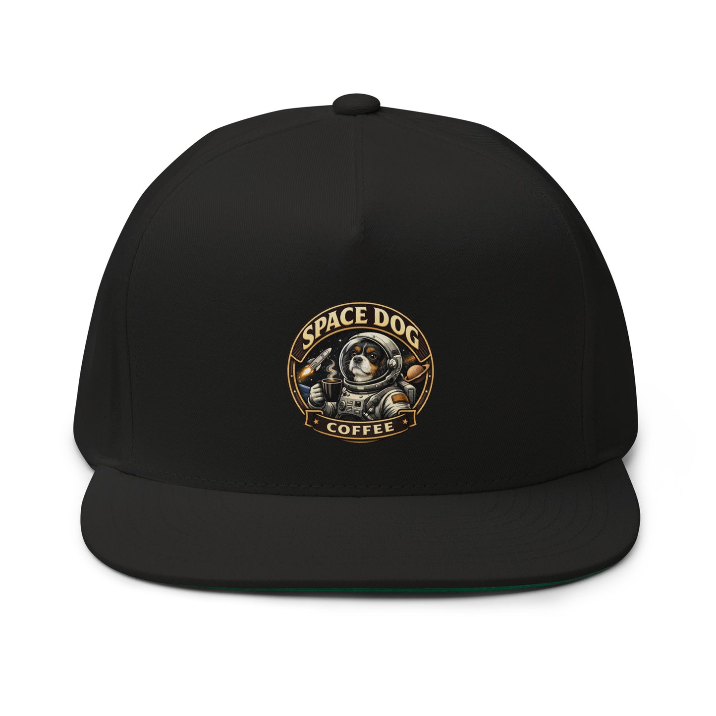 Space Dog Coffee flat bill snapback cap 100% cotton twill green undervisor logo front view