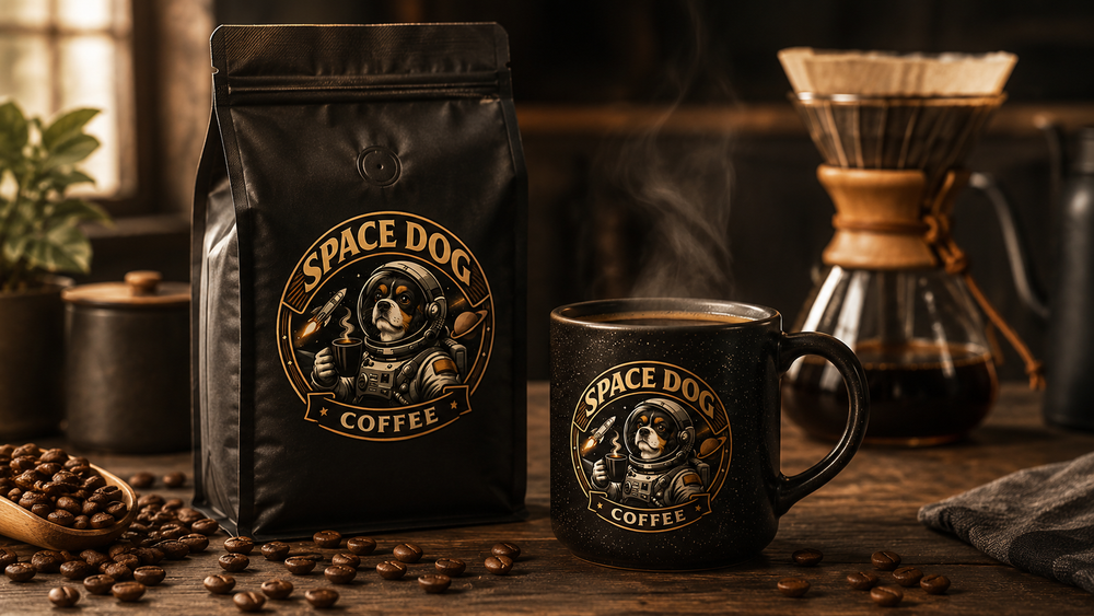 Beginner-friendly Space Dog Coffee roast with fresh coffee beans and a brewed cup