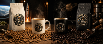 Light roast and dark roast Space Dog Coffee beans compared beside two freshly brewed cups