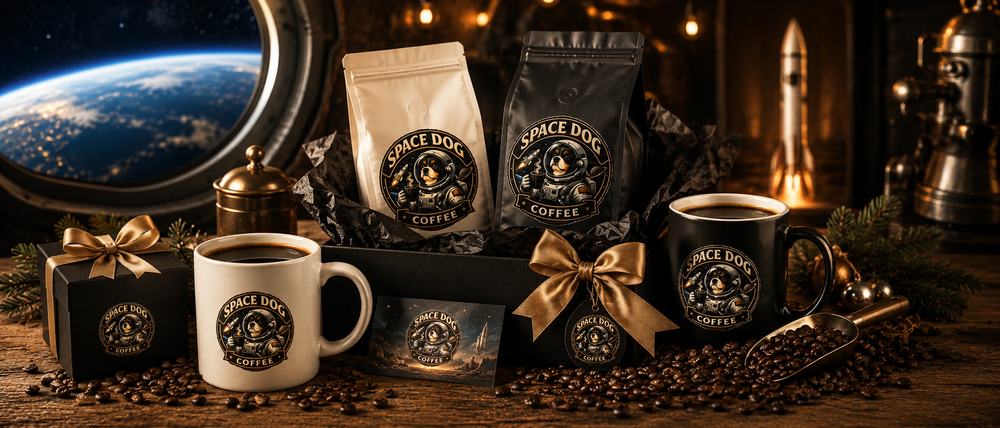 Space Dog Coffee gift set with coffee bags, mugs and coffee beans in a space-themed scene