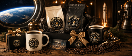 Space Dog Coffee gift set with coffee bags, mugs and coffee beans in a space-themed scene