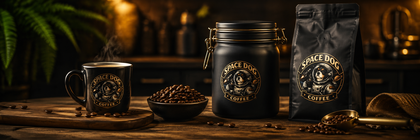 Space Dog Coffee beans stored in an airtight container beside a sealed coffee bag and freshly brewed cup