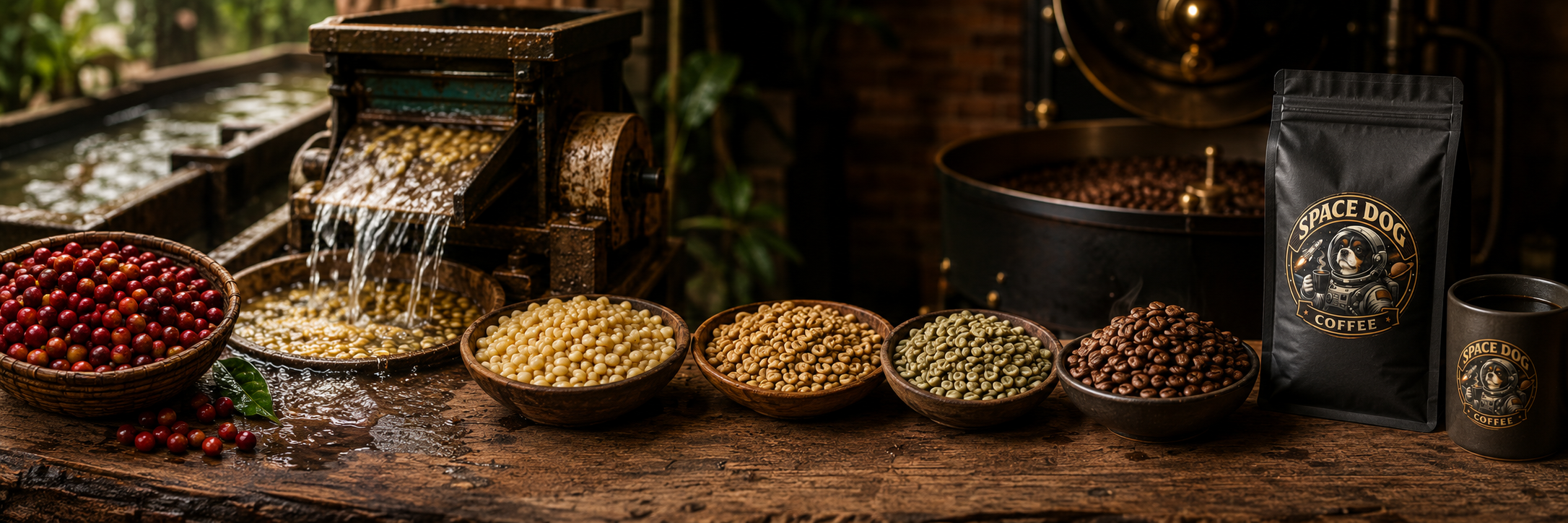 Wet-hulled coffee processing stages with coffee cherries, parchment coffee, green beans, and roasted Space Dog Coffee