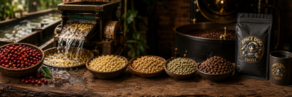 Wet-hulled coffee processing stages with coffee cherries, parchment coffee, green beans, and roasted Space Dog Coffee