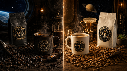Space Dog Coffee brewing comparison showing bitter coffee and a smoother balanced cup