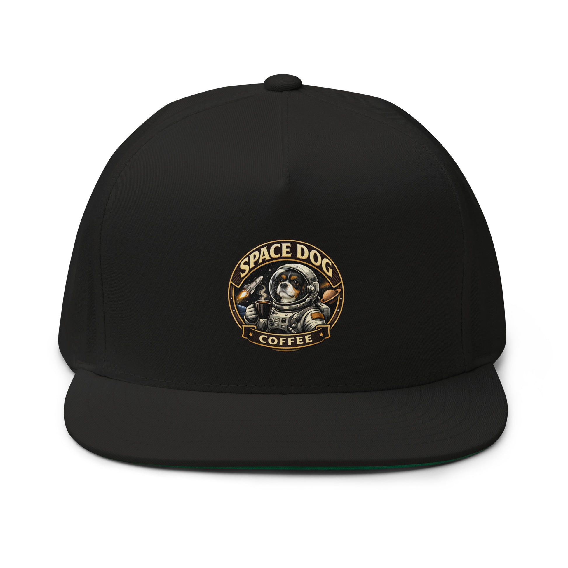 Space Dog Coffee flat bill snapback cap 100% cotton twill green undervisor logo front view