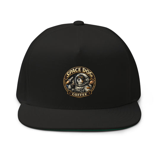 Space Dog Coffee flat bill snapback cap 100% cotton twill green undervisor logo front view