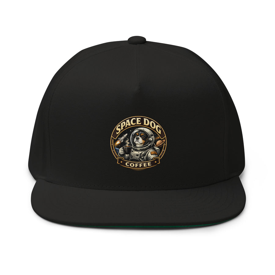 Space Dog Coffee flat bill snapback cap 100% cotton twill green undervisor logo front view