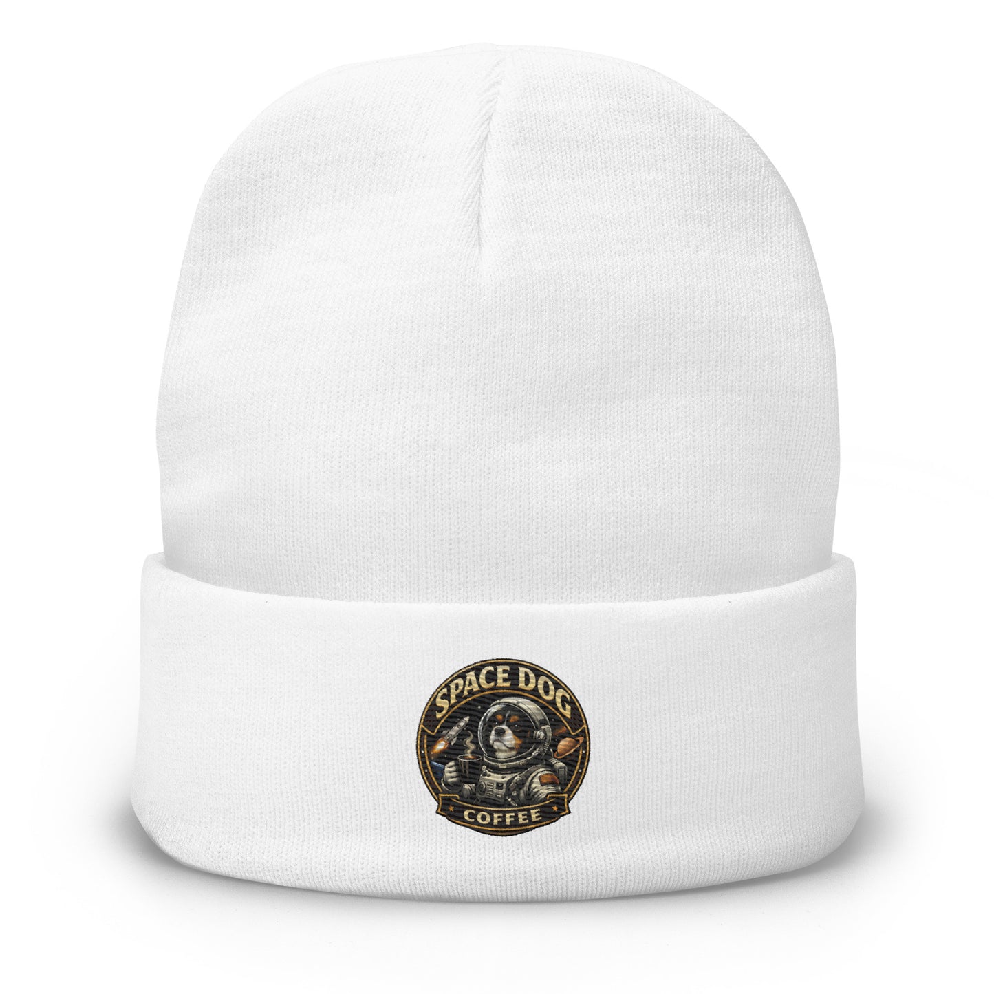 Space Dog Coffee embroidered beanie hat logo 60% cotton 40% acrylic warm winter accessory