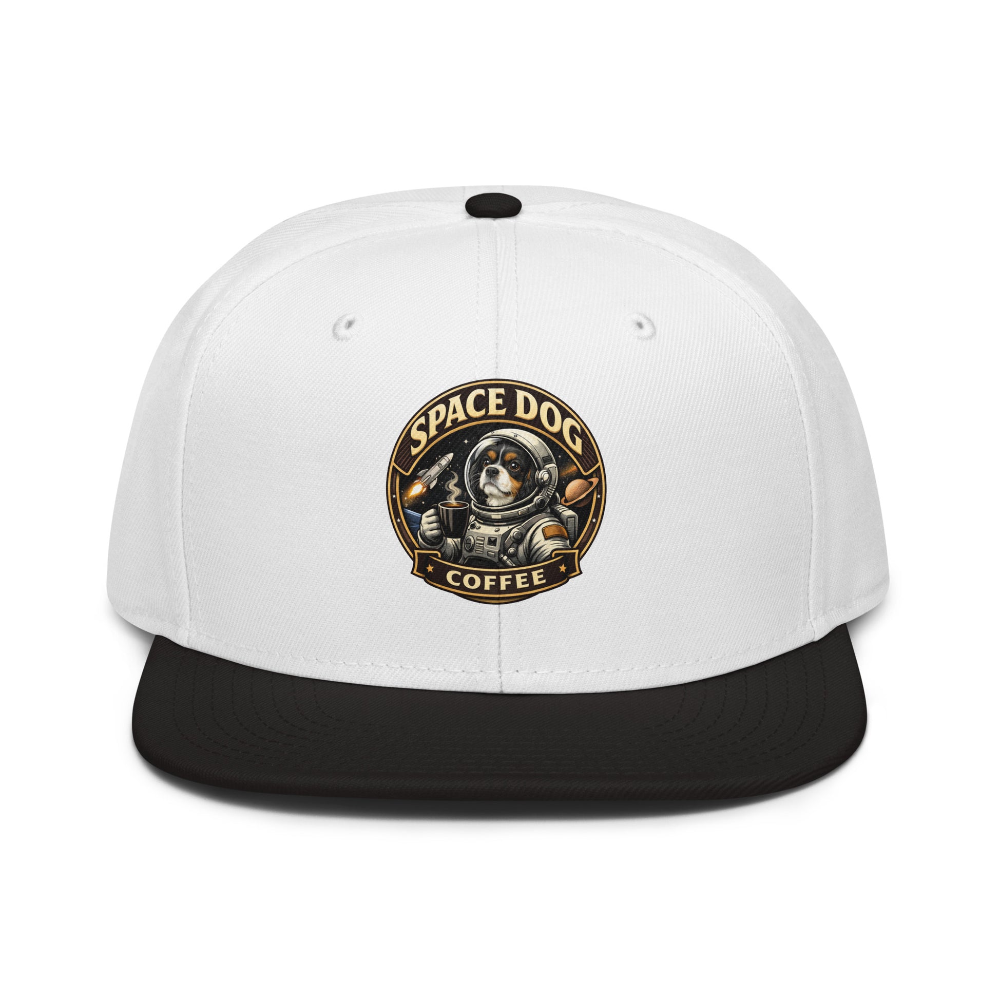 Space Dog Coffee snapback hat 85% acrylic 15% wool structured high-profile flat visor logo