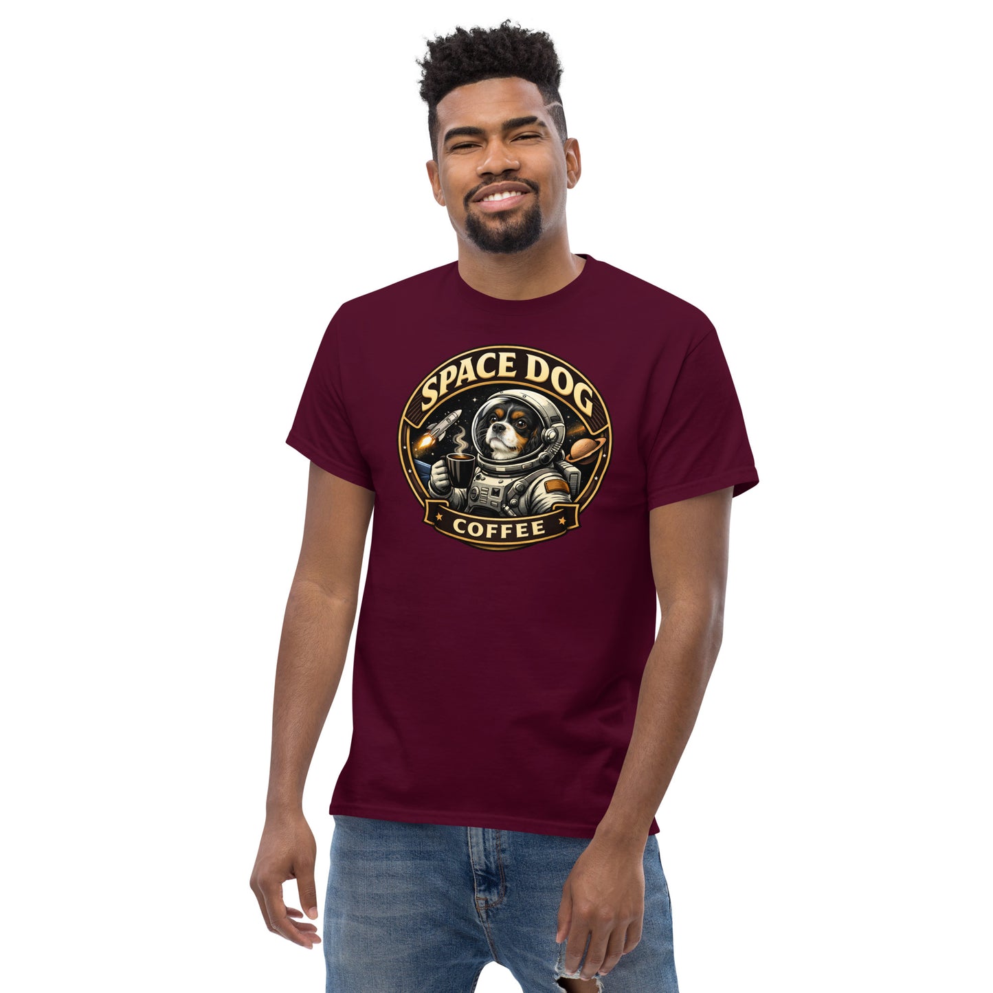 Space Dog Coffee unisex classic t-shirt 100% cotton structured fit branded logo front view