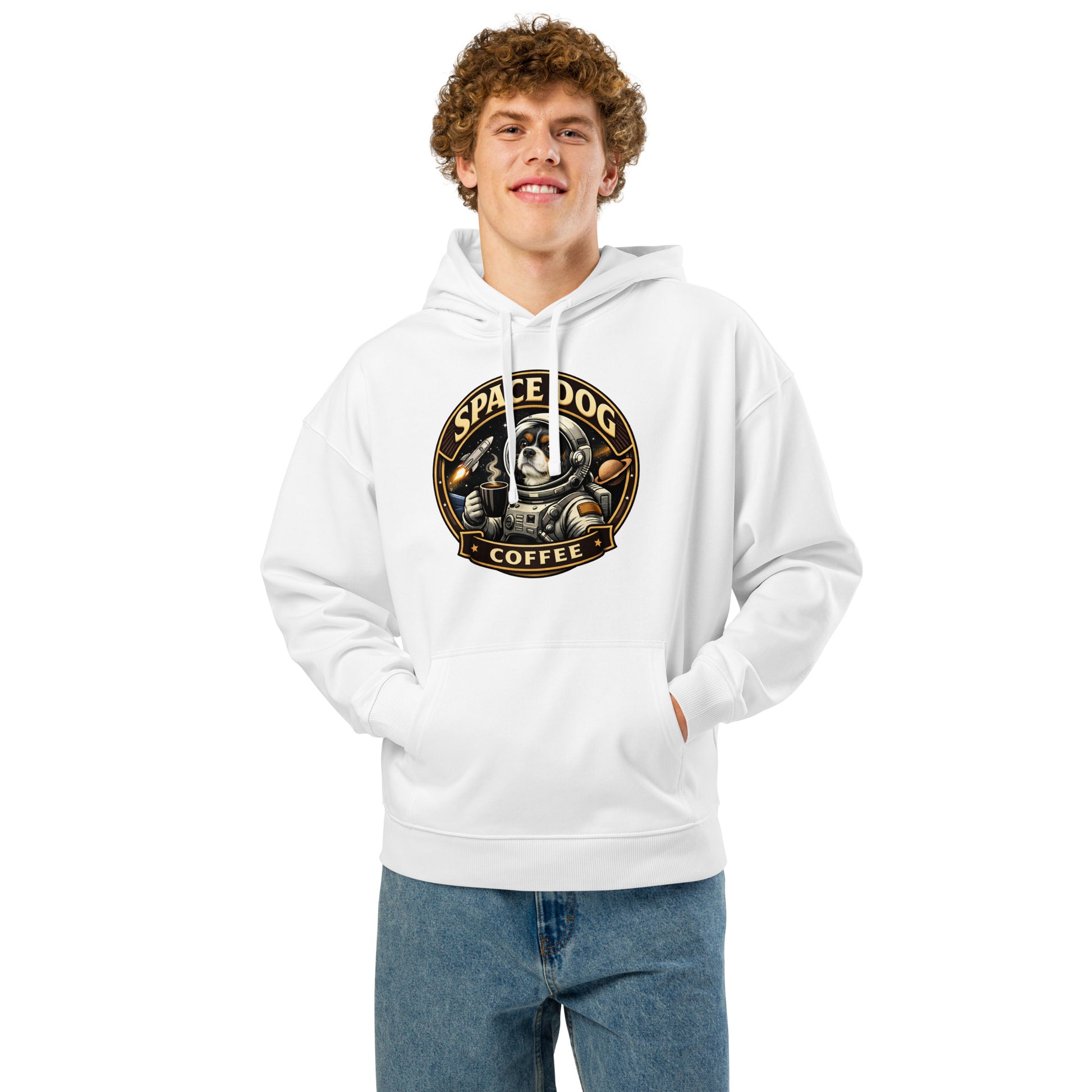 Space Dog Coffee unisex organic cotton relaxed hoodie eco-friendly Portugal sourced logo