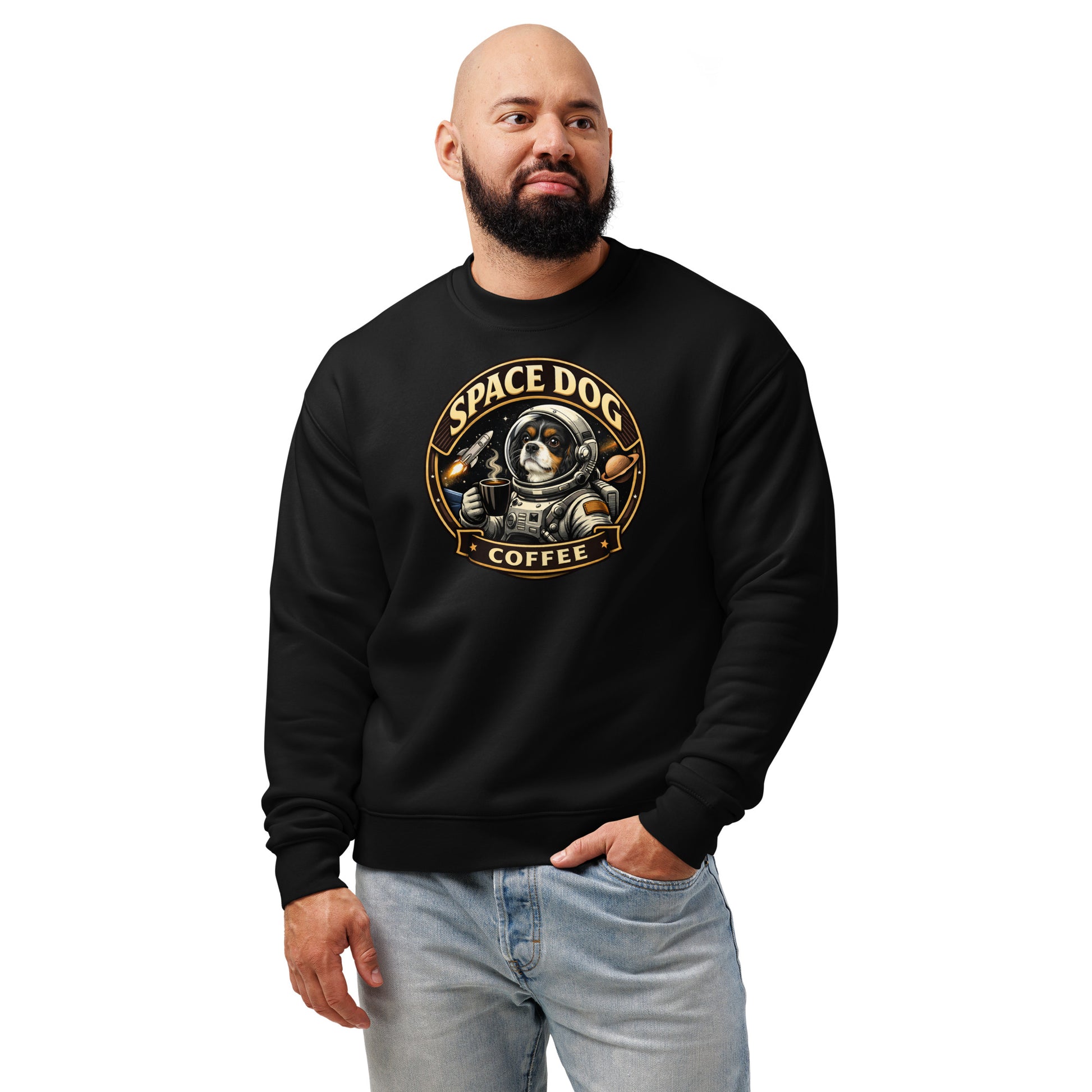 Space Dog Coffee unisex relaxed crew neck sweatshirt drop shoulders cotton blend logo front