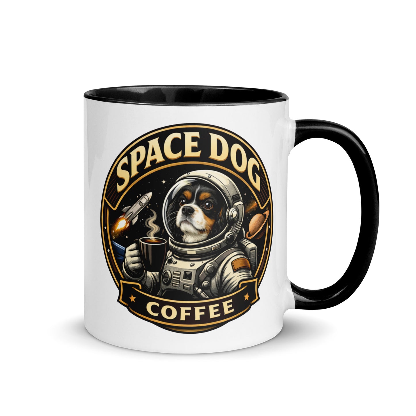 Space Dog Coffee mug with color inside 11oz ceramic colored rim handle interior contrast logo