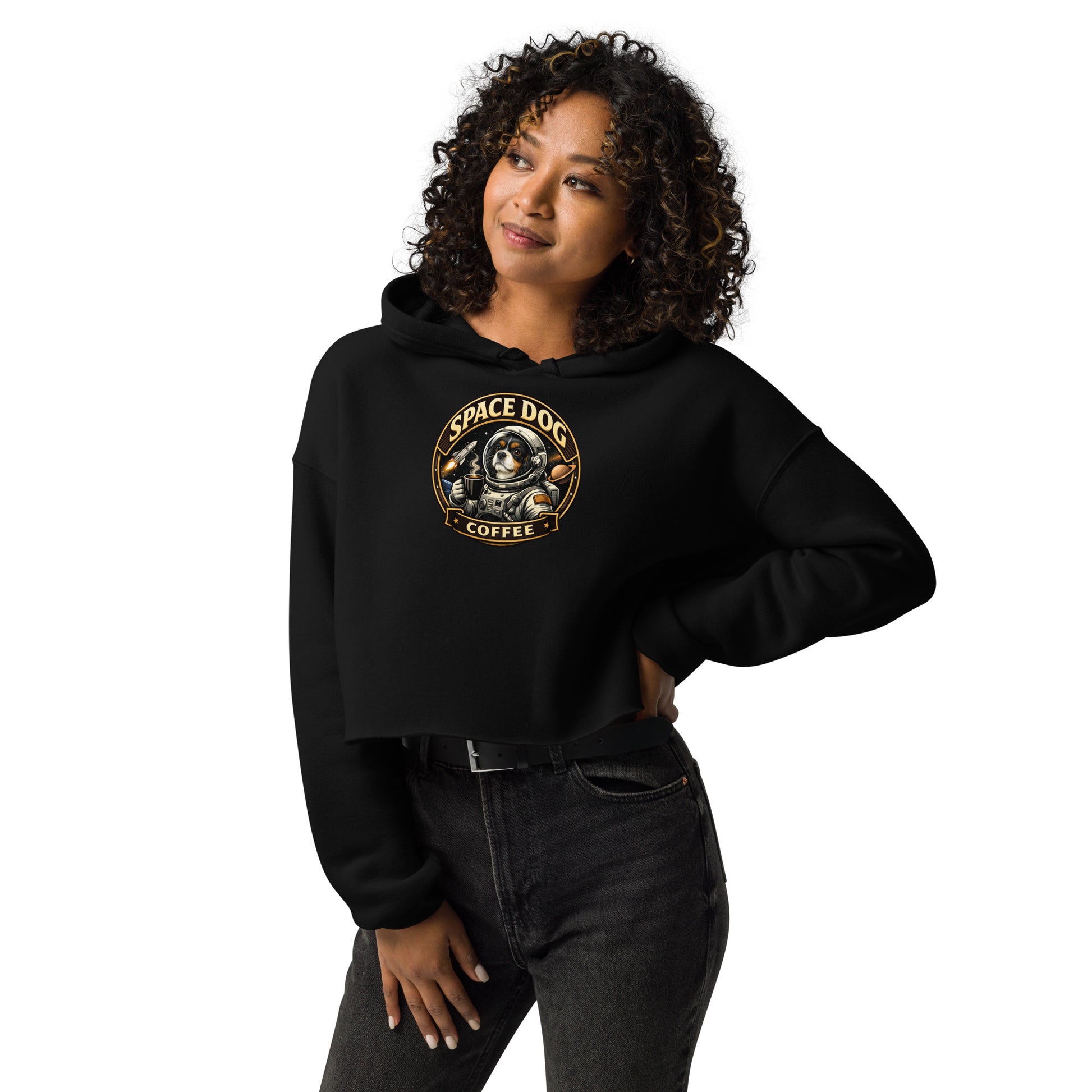 Space Dog Coffee crop hoodie airlume combed ring-spun cotton raw hem dropped shoulders logo